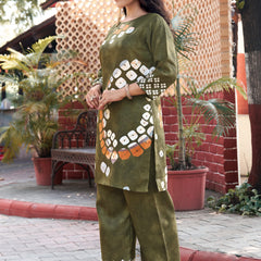 Olive Green Abstract Printed Kurta Set with Pants | Women's 2-Piece Co-ord Set