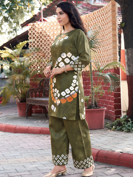 Olive Green Abstract Printed Kurta Set with Pants | Women's 2-Piece Co-ord Set