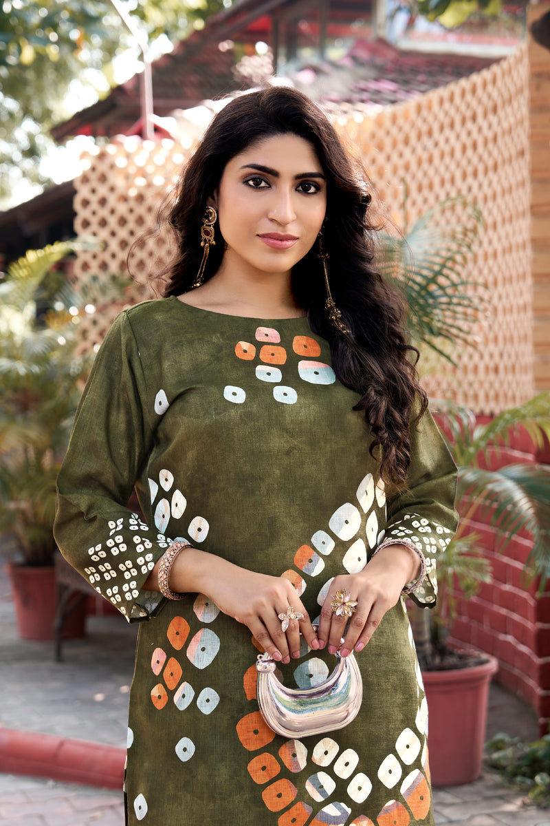 Olive Green Abstract Printed Kurta Set with Pants | Women's 2-Piece Co-ord Set