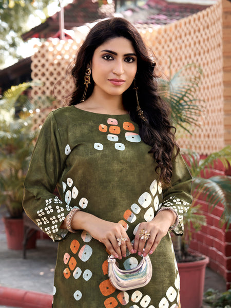 Olive Green Abstract Printed Kurta Set with Pants | Women's 2-Piece Co-ord Set