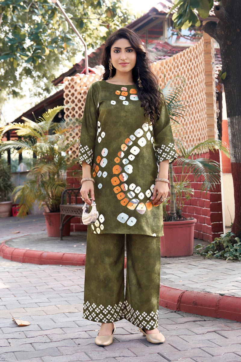 Olive Green Abstract Printed Kurta Set with Pants | Women's 2-Piece Co-ord Set
