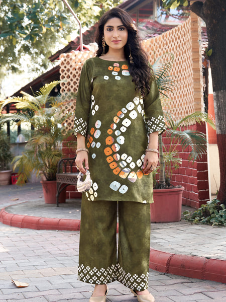 Olive Green Abstract Printed Kurta Set with Pants | Women's 2-Piece Co-ord Set