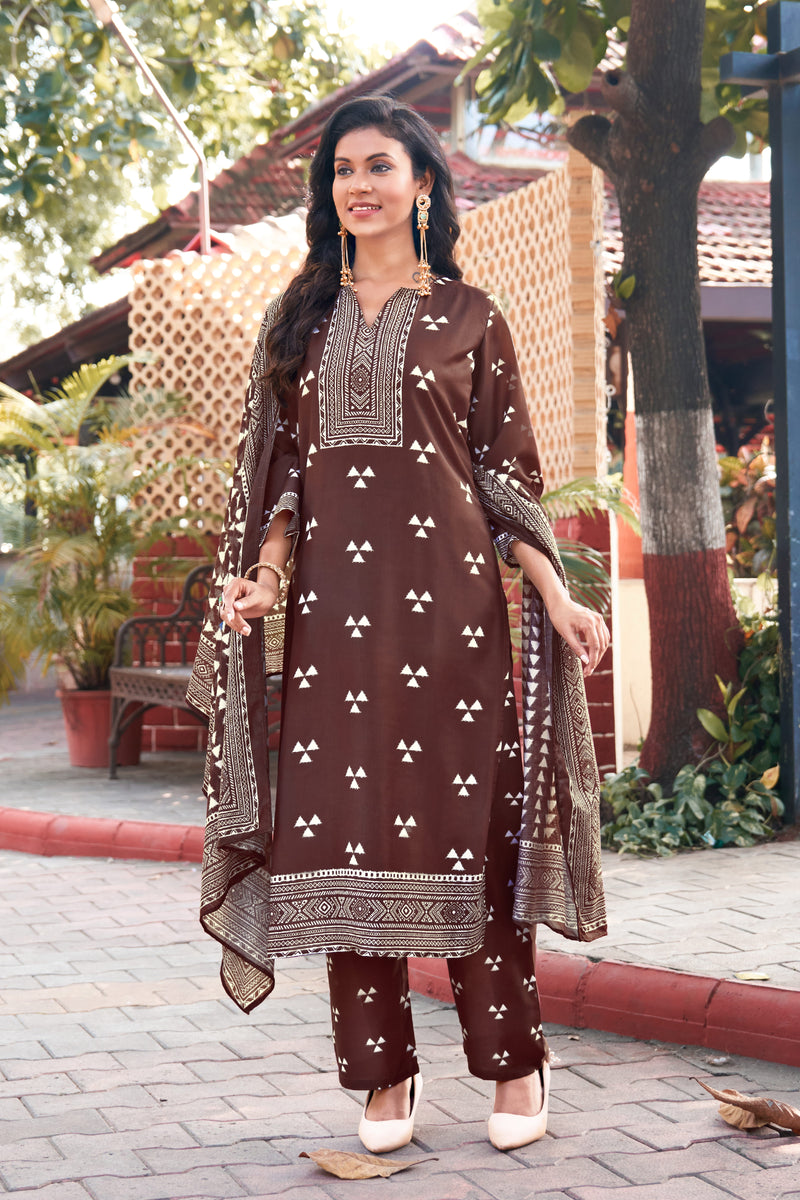 Trisaya Brown Triangle Print Cotton Kurta Set with Pants and Dupatta - 3 Piece Ethnic Wear for Women