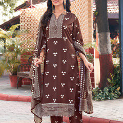 Trisaya Brown Triangle Print Cotton Kurta Set with Pants and Dupatta - 3 Piece Ethnic Wear for Women
