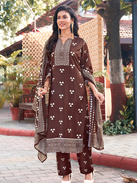 Trisaya Brown Triangle Print Cotton Kurta Set with Pants and Dupatta - 3 Piece Ethnic Wear for Women