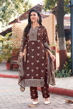Trisaya Brown Triangle Print Cotton Kurta Set with Pants and Dupatta - 3 Piece Ethnic Wear for Women