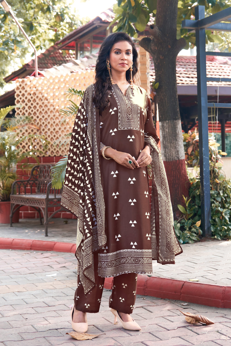 Trisaya Brown Triangle Print Cotton Kurta Set with Pants and Dupatta - 3 Piece Ethnic Wear for Women
