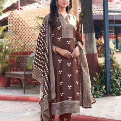 Trisaya Brown Triangle Print Cotton Kurta Set with Pants and Dupatta - 3 Piece Ethnic Wear for Women