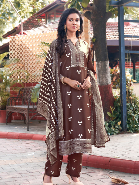 Trisaya Brown Triangle Print Cotton Kurta Set with Pants and Dupatta - 3 Piece Ethnic Wear for Women