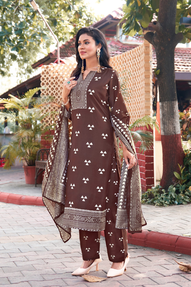 Trisaya Brown Triangle Print Cotton Kurta Set with Pants and Dupatta - 3 Piece Ethnic Wear for Women