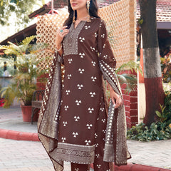 Trisaya Brown Triangle Print Cotton Kurta Set with Pants and Dupatta - 3 Piece Ethnic Wear for Women