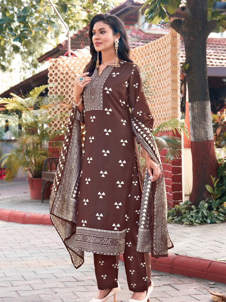 Trisaya Brown Triangle Print Cotton Kurta Set with Pants and Dupatta - 3 Piece Ethnic Wear for Women