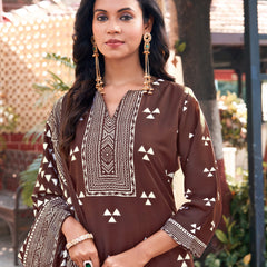 Trisaya Brown Triangle Print Cotton Kurta Set with Pants and Dupatta - 3 Piece Ethnic Wear for Women
