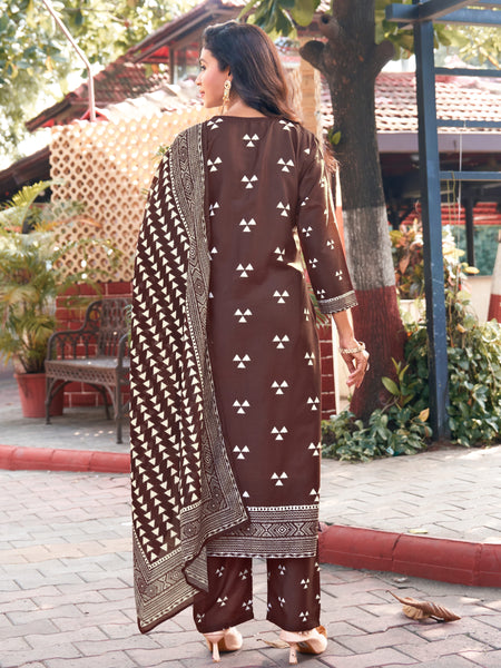 Trisaya Brown Triangle Print Cotton Kurta Set with Pants and Dupatta - 3 Piece Ethnic Wear for Women